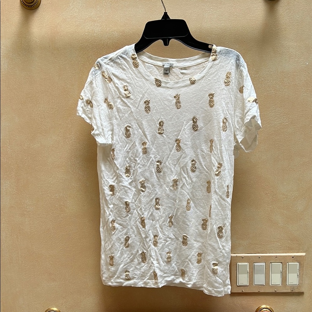 J. Crew White and Gold Graphic Short Sleeve Tee